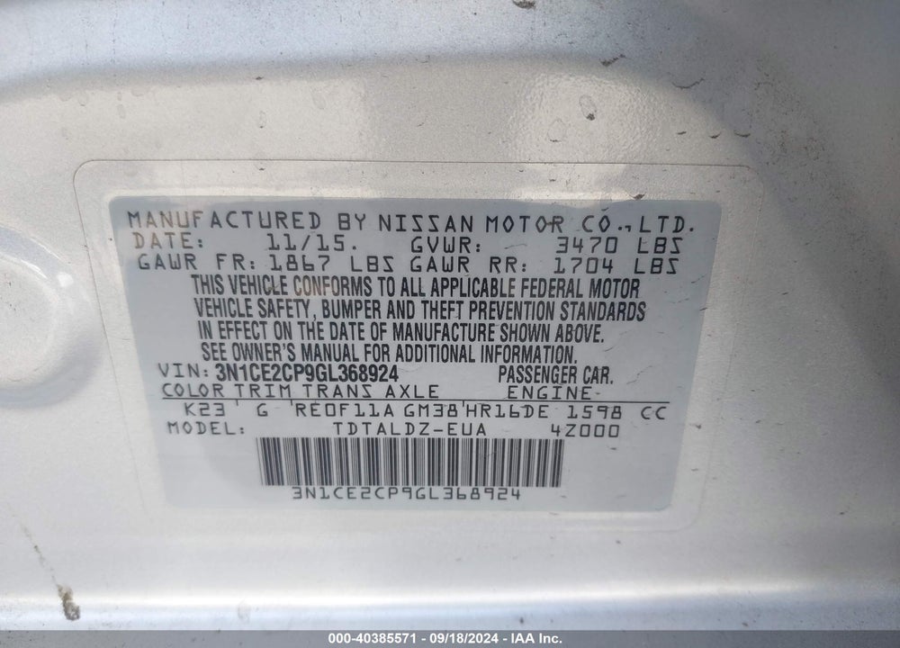 2016 NISSAN VERSA NOTE S (SR)/S PLUS/SL/SR/SV VIN: 3N1CE2CP9GL368924
