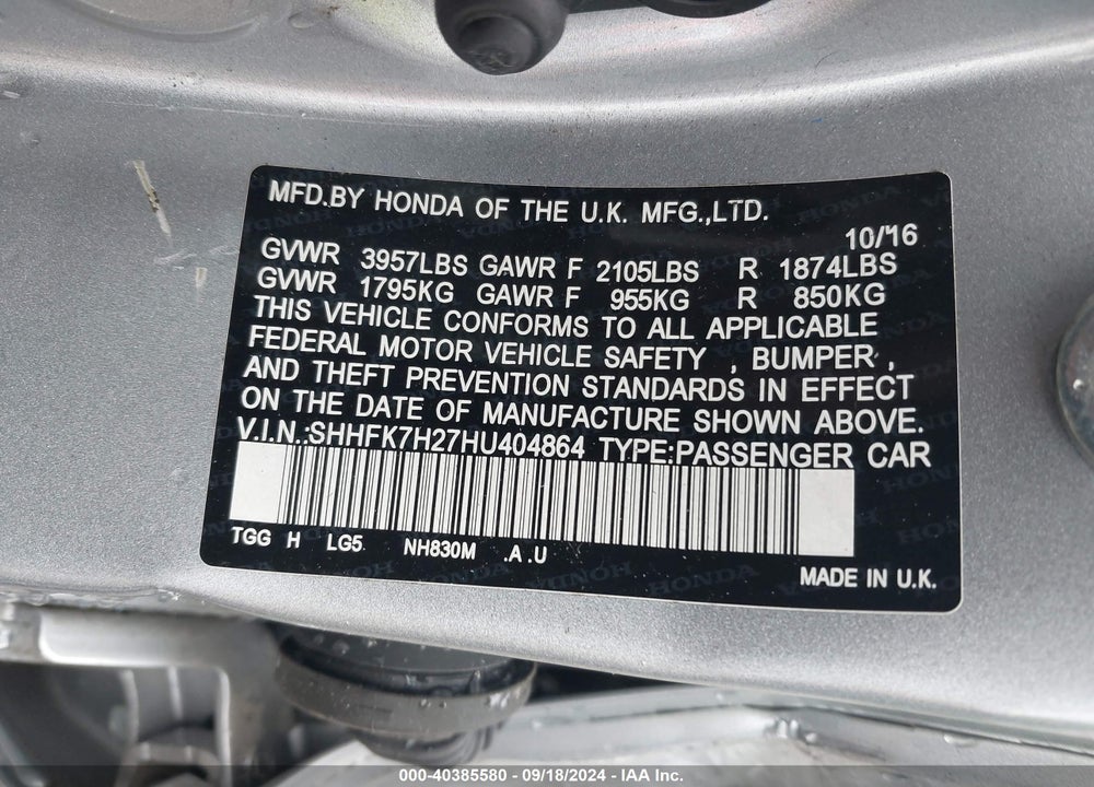 2017 HONDA CIVIC LX VIN: SHHFK7H27HU404864