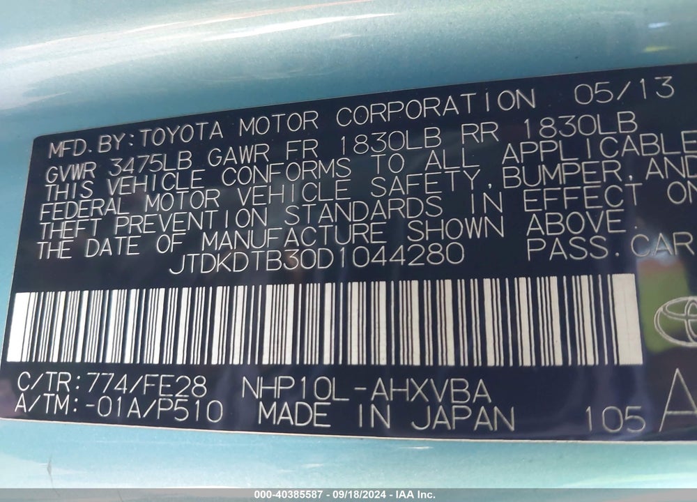 2013 TOYOTA PRIUS C ONE VIN: JTDKDTB30D1044280