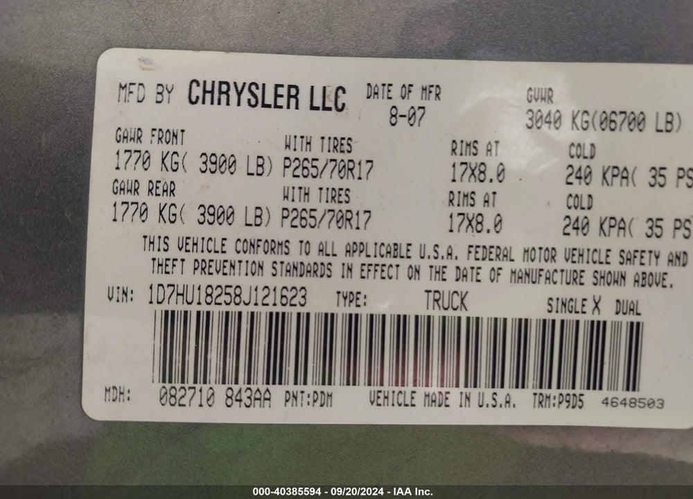 2008 DODGE RAM 1500 ST/SXT VIN: 1D7HU18258J121623