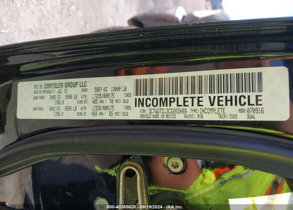 2012 RAM 3500 CHASSIS ST/SLT/LAIE VIN: 3C7WDTCL3CG265066