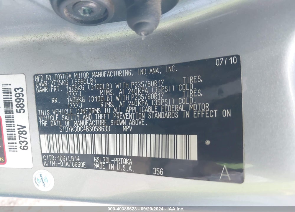 2011 TOYOTA SIENNA XLE V6 VIN: 5TDYK3DC4BS058633