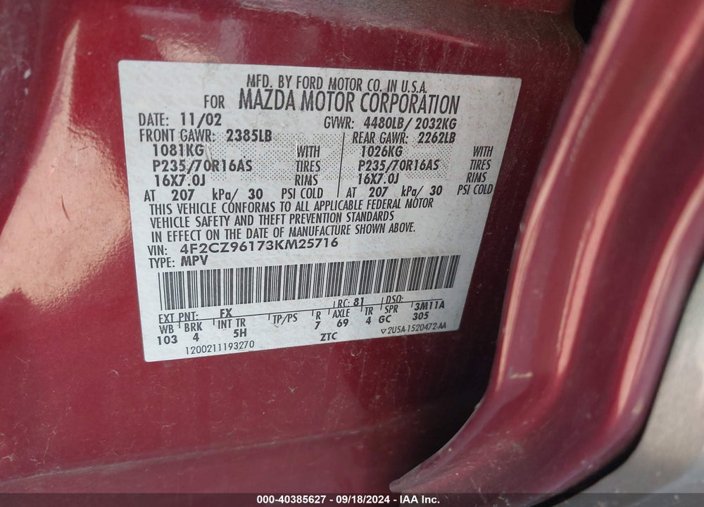 2003 MAZDA TRIBUTE ES V6 VIN: 4F2CZ96173KM25716
