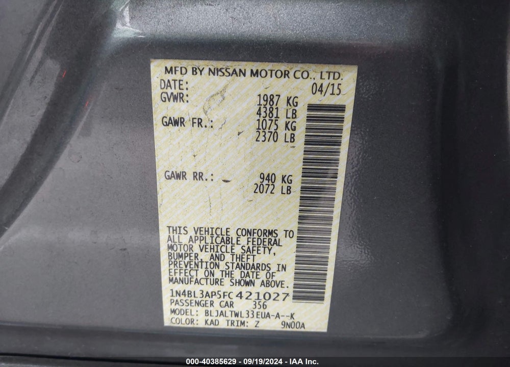 2015 NISSAN ALTIMA 3.5 SL VIN: 1N4BL3AP5FC421027