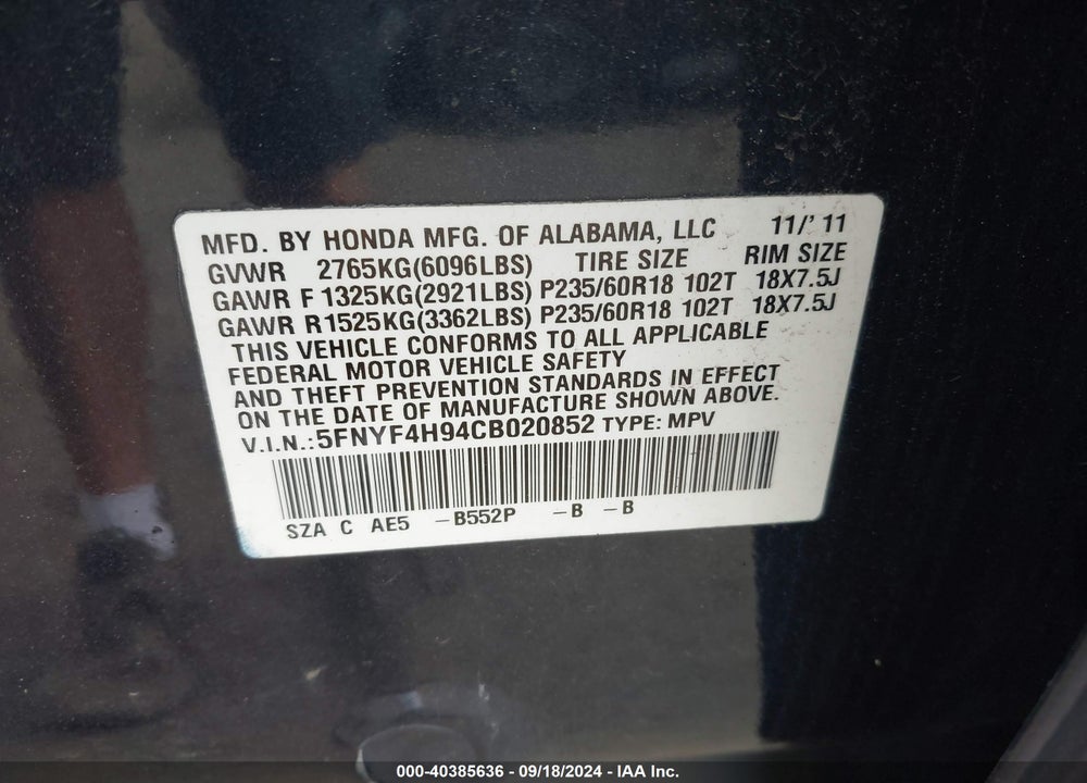 2012 HONDA PILOT TOURING VIN: 5FNYF4H94CB020852