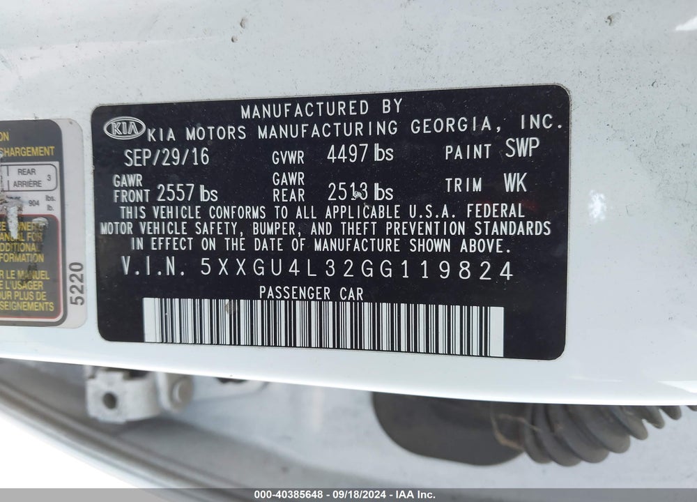 2016 KIA OPTIMA EX VIN: 5XXGU4L32GG119824