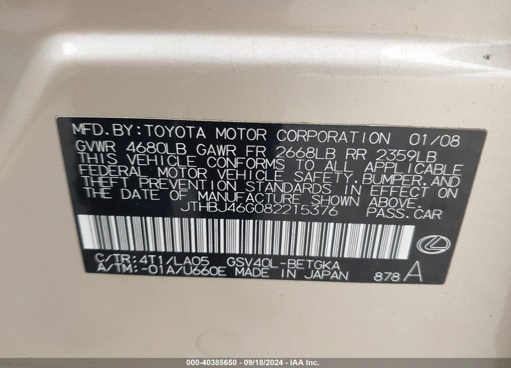 2008 LEXUS ES 350 VIN: JTHBJ46G082215376