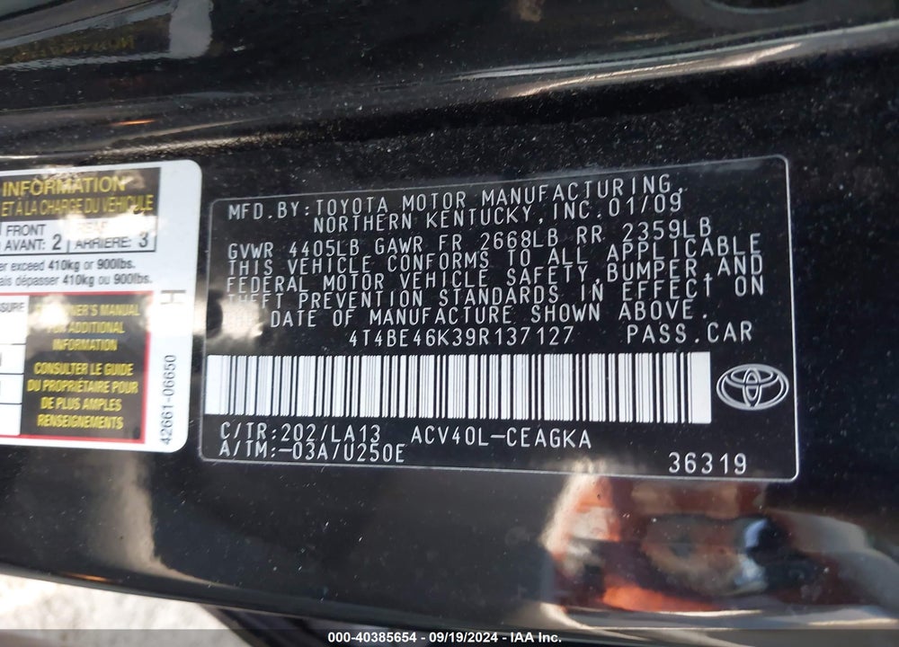 2009 TOYOTA CAMRY XLE VIN: 4T4BE46K39R137127