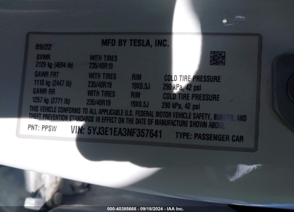 2022 TESLA MODEL 3 VIN: 5YJ3E1EA3NF357641