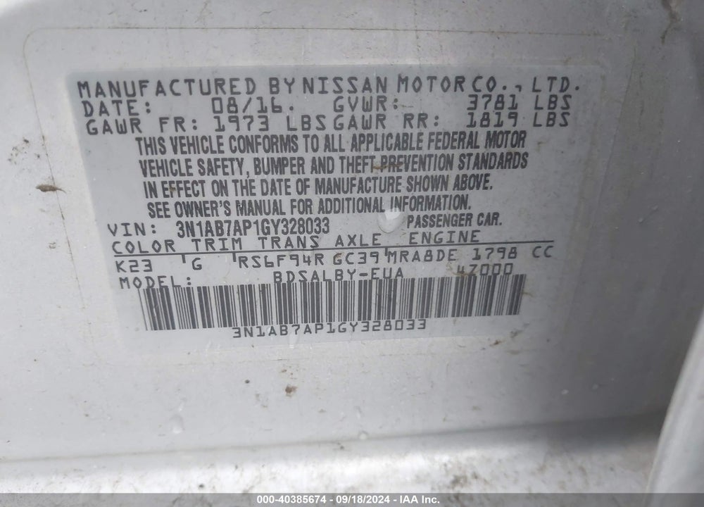 2016 NISSAN SENTRA S VIN: 3N1AB7AP1GY328033