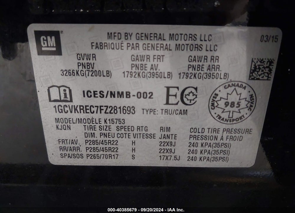 2015 CHEVROLET SILVERADO 1500 1LT/2LT VIN: 1GCVKREC7FZ281693