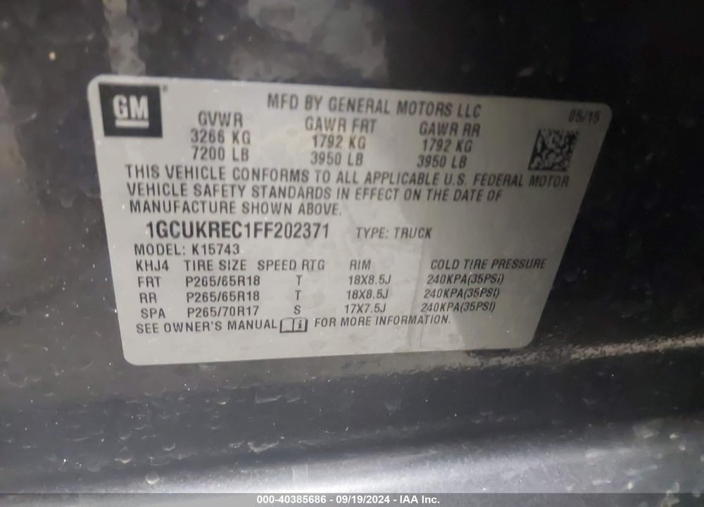 2015 CHEVROLET SILVERADO 1500 2LT VIN: 1GCUKREC1FF202371