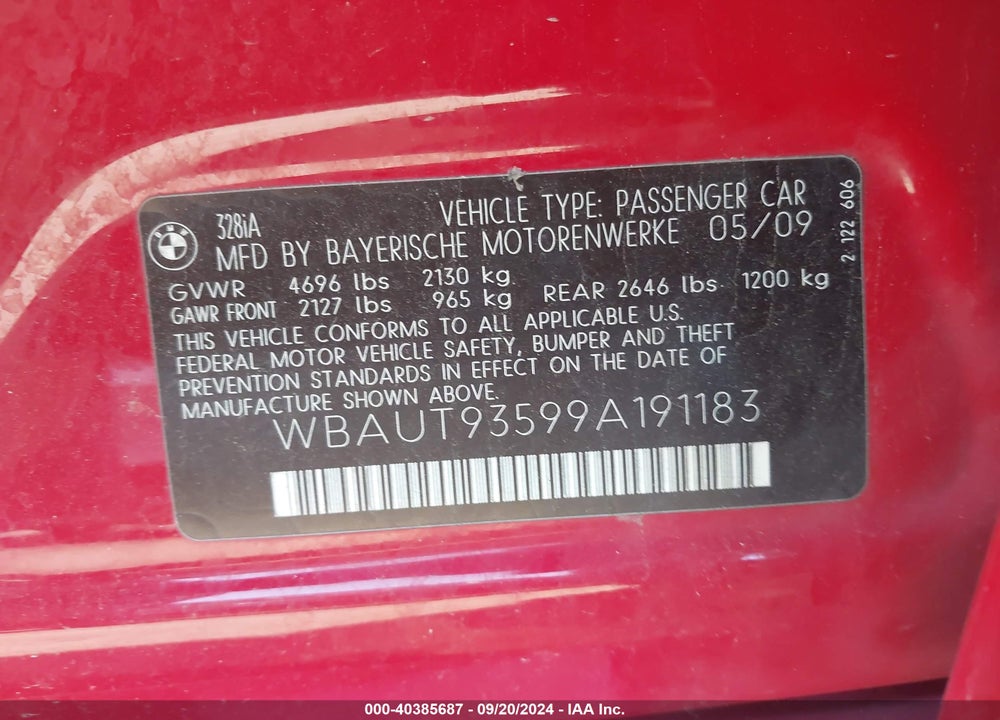 2009 BMW 328I VIN: WBAUT93599A191183