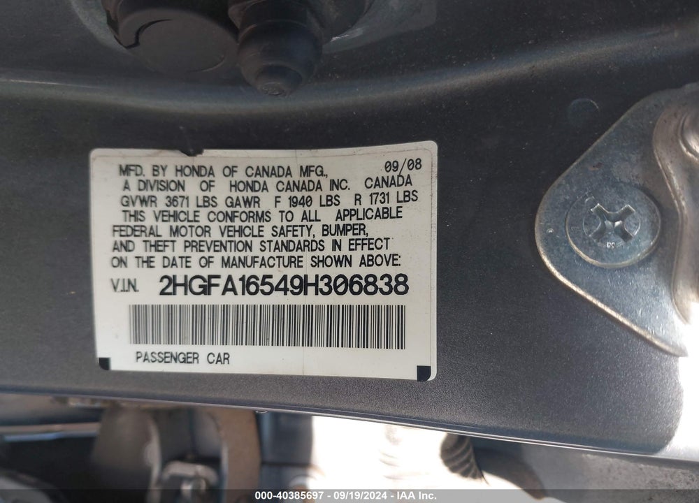 2009 HONDA CIVIC LX VIN: 2HGFA16549H306838