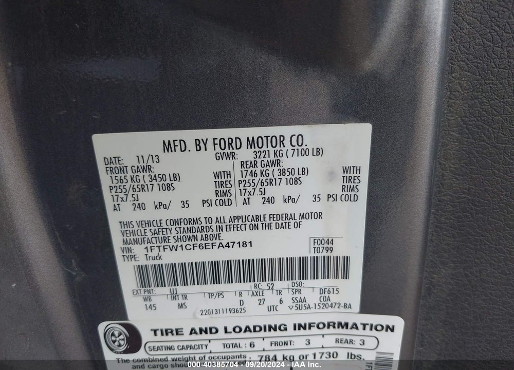 2014 FORD F-150 XLT VIN: 1FTFW1CF6EFA47181