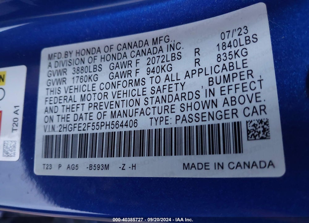 2023 HONDA CIVIC SPORT VIN: 2HGFE2F55PH564406