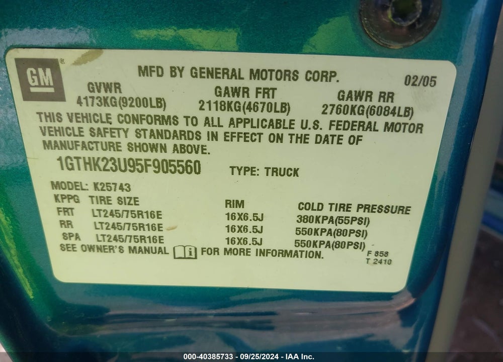 2005 GMC SIERRA 2500HD SLT VIN: 1GTHK23U95F905560