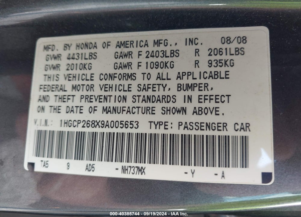 2009 HONDA ACCORD 2.4 EX-L VIN: 1HGCP268X9A005653