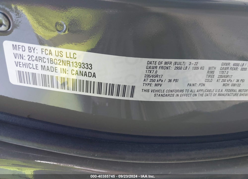 2022 CHRYSLER PACIFICA TOURING L VIN: 2C4RC1BG2NR139333