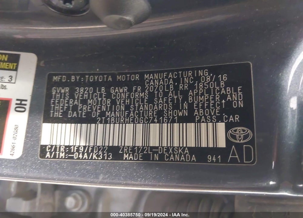 2016 TOYOTA COROLLA S PLUS VIN: 2T1BURHE0GC741671