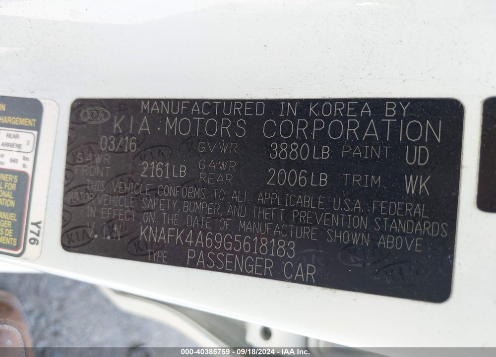 2016 KIA FORTE LX VIN: KNAFK4A69G5618183
