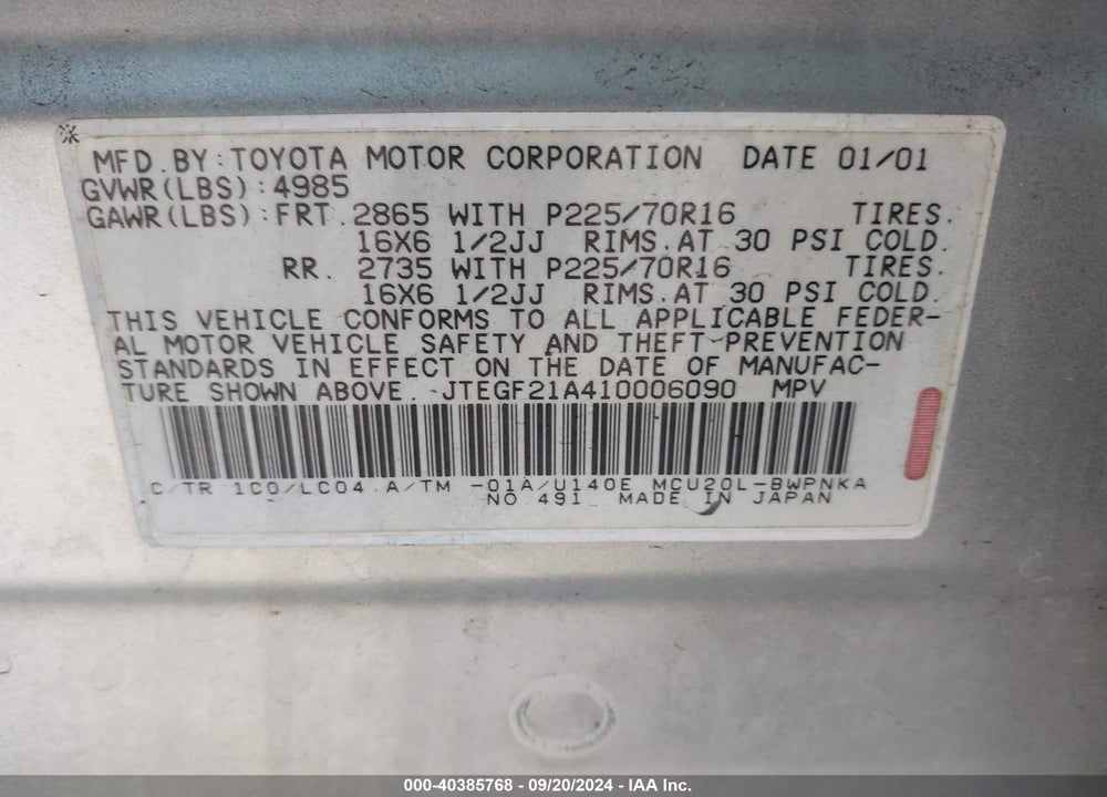 2001 TOYOTA HIGHLANDER V6 VIN: JTEGF21A410006090
