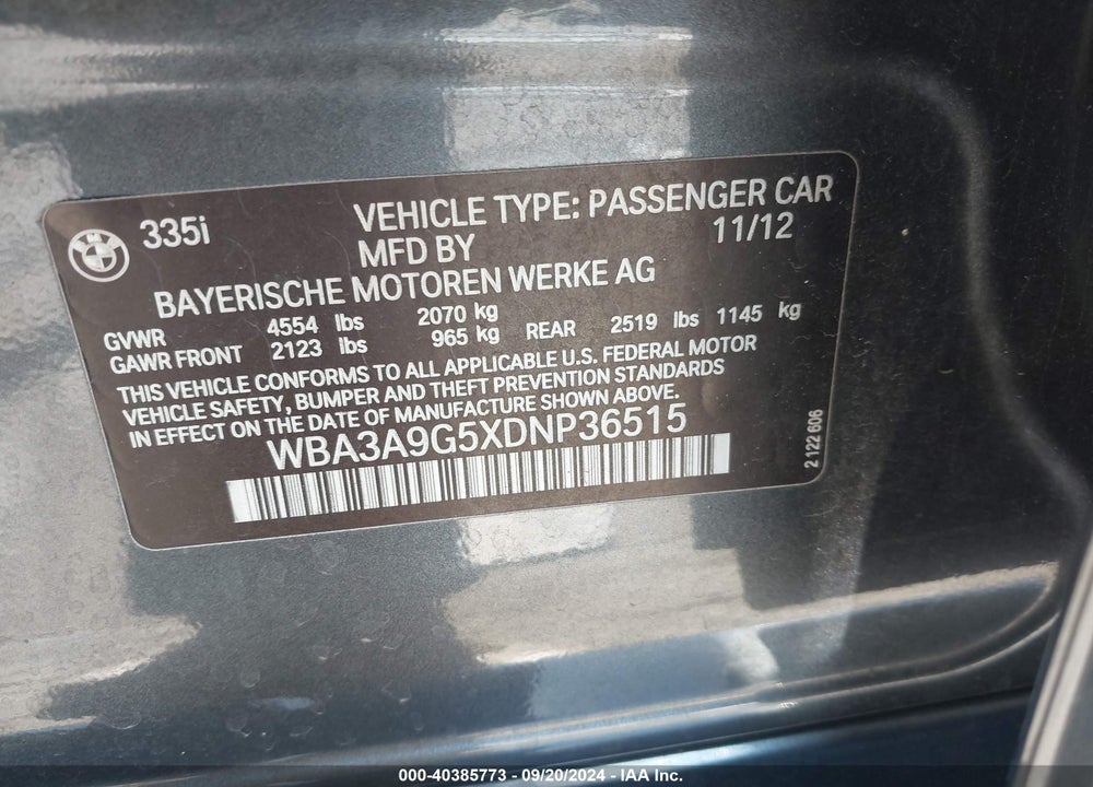 2013 BMW 335I VIN: WBA3A9G5XDNP36515