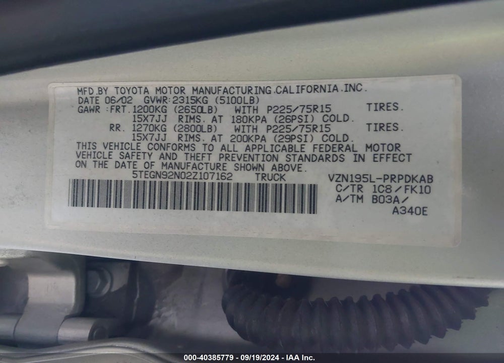 2002 TOYOTA TACOMA PRERUNNER V6 VIN: 5TEGN92N02Z107162