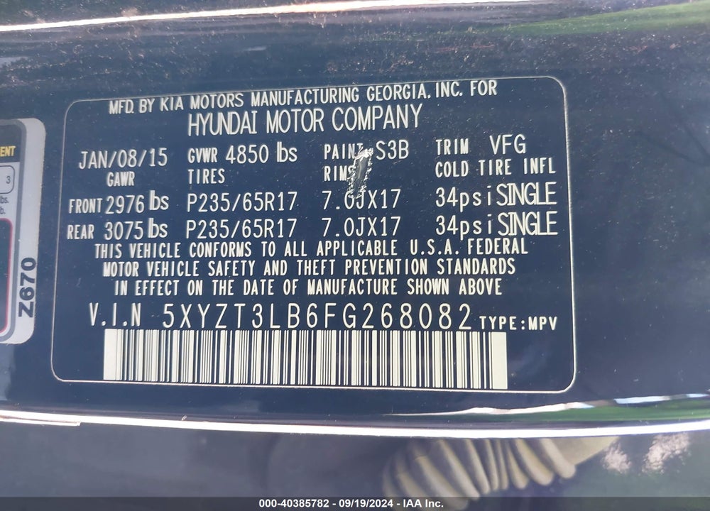2015 HYUNDAI SANTA FE SPORT 2.4L VIN: 5XYZT3LB6FG268082