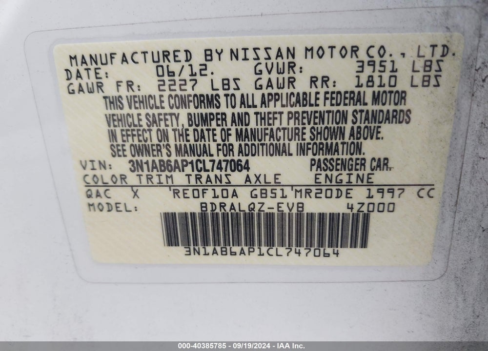 2012 NISSAN SENTRA 2.0 VIN: 3N1AB6AP1CL747064