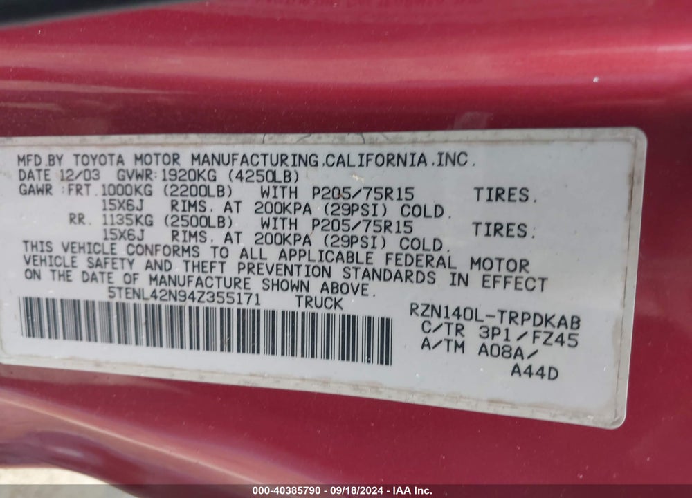 2004 TOYOTA TACOMA VIN: 5TENL42N94Z355171