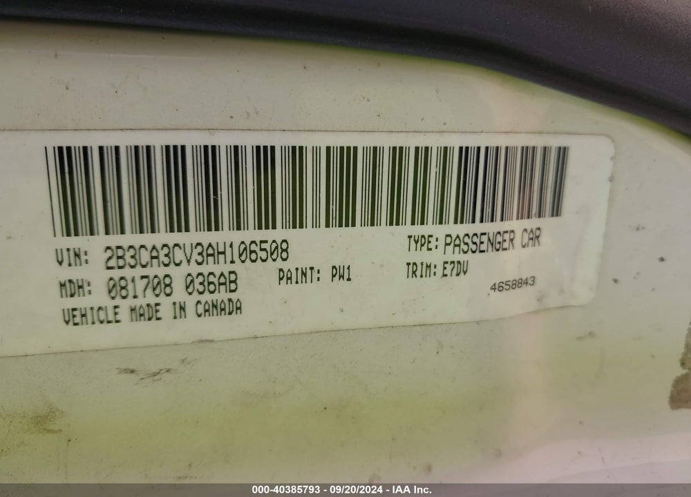 2010 DODGE CHARGER VIN: 2B3CA3CV3AH106508