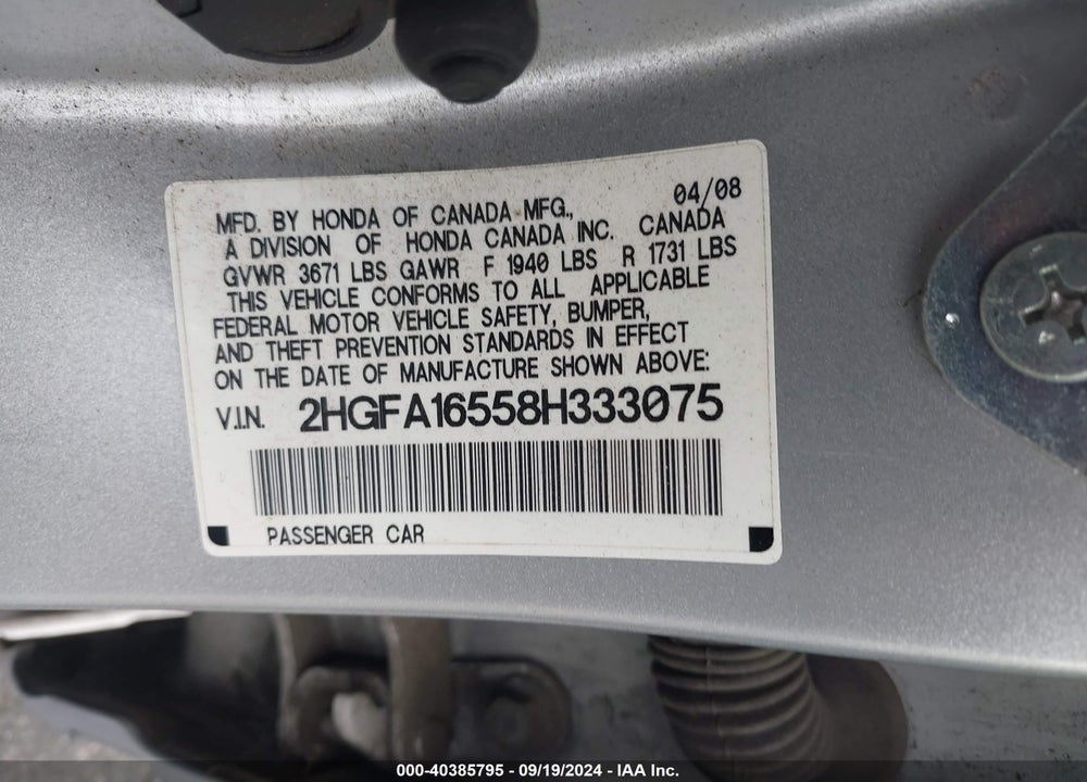 2008 HONDA CIVIC LX VIN: 2HGFA16558H333075