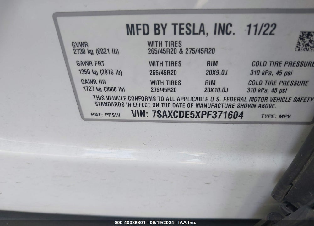 2023 TESLA MODEL X DUAL MOTOR ALL-WHEEL DRIVE/STANDARD RANGE VIN: 7SAXCDE5XPF371604