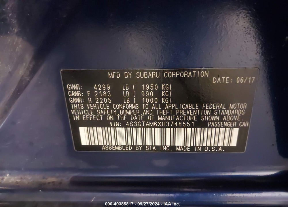 2017 SUBARU IMPREZA 2.0I SPORT VIN: 4S3GTAM6XH3748551