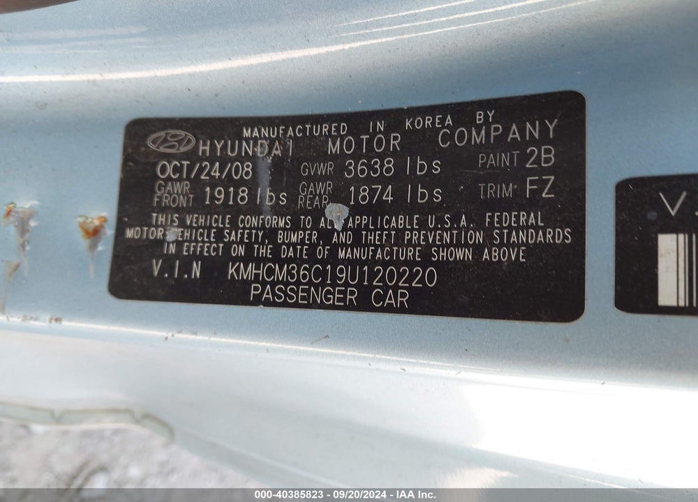 2009 HYUNDAI ACCENT GS VIN: KMHCM36C19U120220