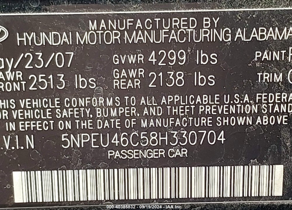 2008 HYUNDAI SONATA LIMITED/SE VIN: 5NPEU46C58H330704