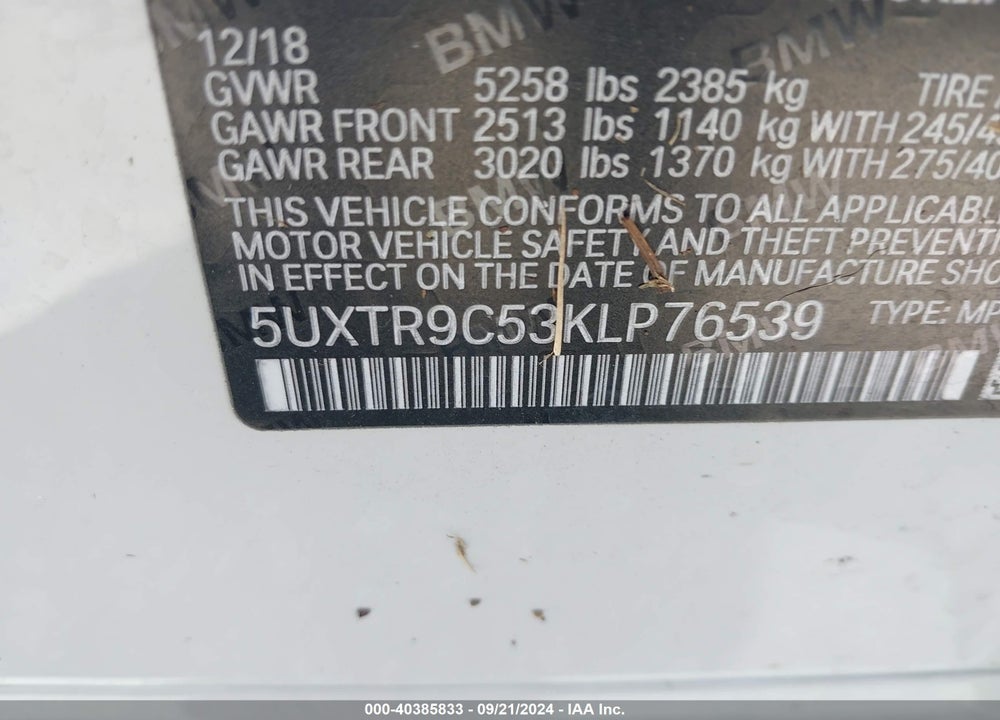 2019 BMW X3 XDRIVE30I VIN: 5UXTR9C53KLP76539