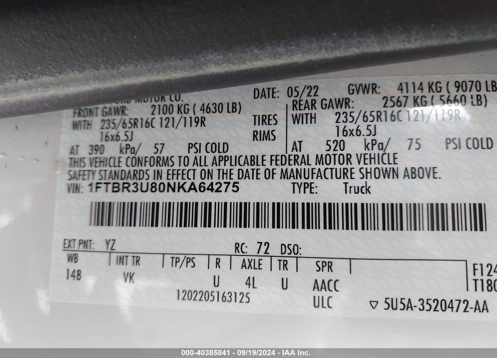 2022 FORD TRANSIT-250 CARGO VAN VIN: 1FTBR3U80NKA64275