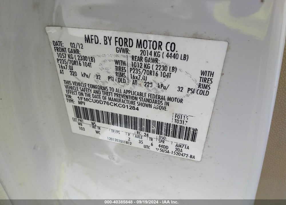 2012 FORD ESCAPE XLT VIN: 1FMCU0D76CKC01284