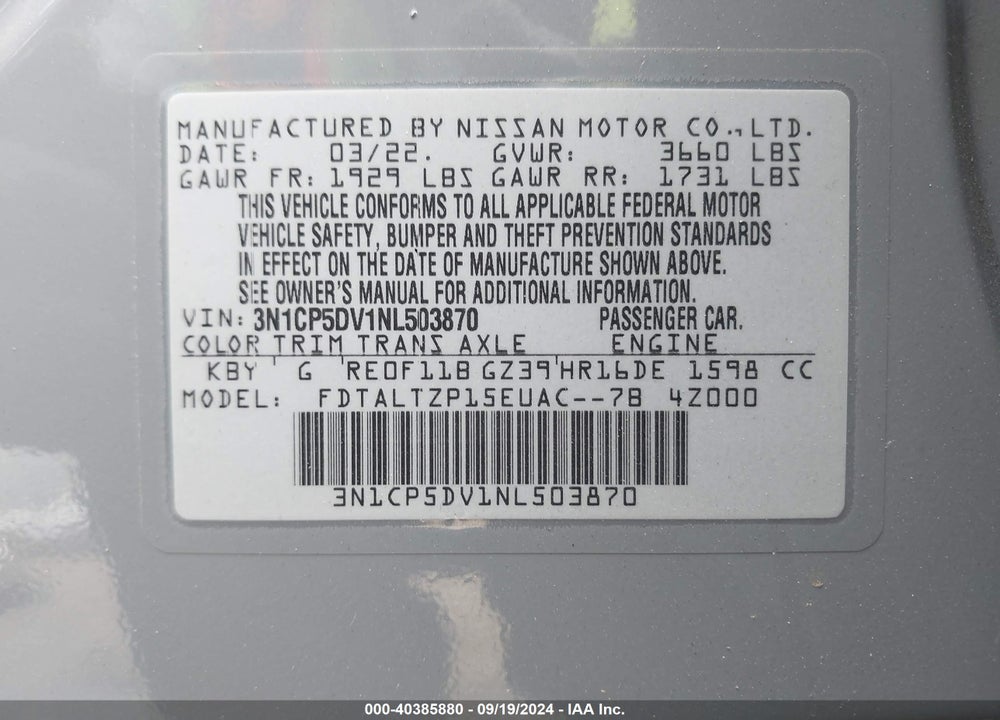 2022 NISSAN KICKS SR XTRONIC CVT VIN: 3N1CP5DV1NL503870