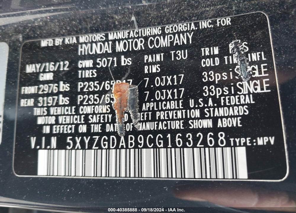 2012 HYUNDAI SANTA FE GLS VIN: 5XYZGDAB9CG163268