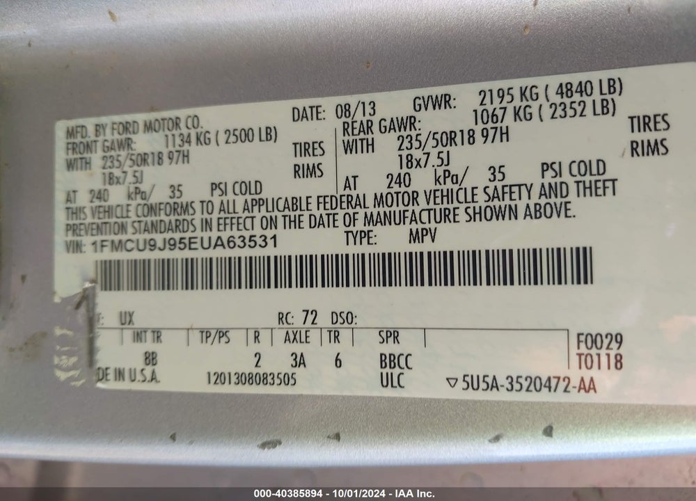 2014 FORD ESCAPE TITANIUM VIN: 1FMCU9J95EUA63531