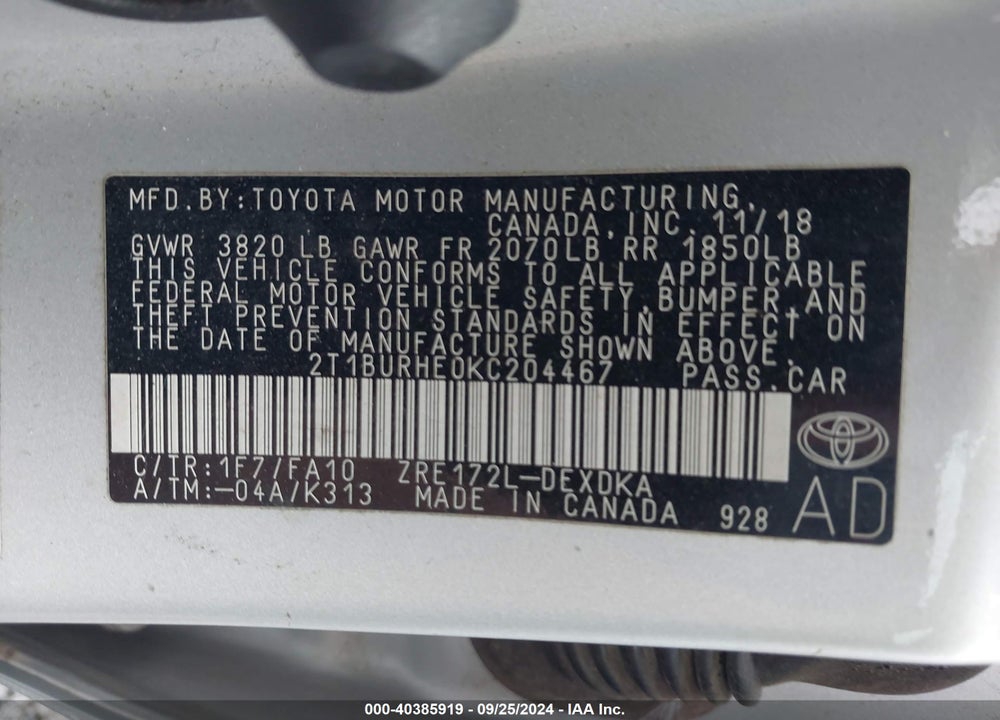 2019 TOYOTA COROLLA L VIN: 2T1BURHE0KC204467