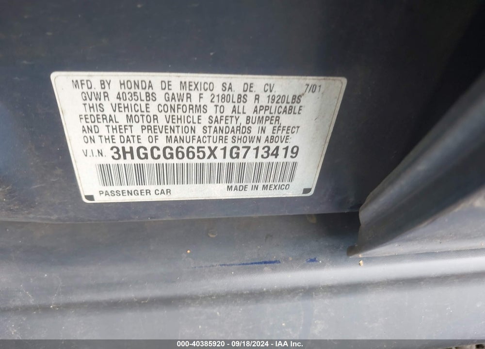 2001 HONDA ACCORD 2.3 LX VIN: 3HGCG665X1G713419