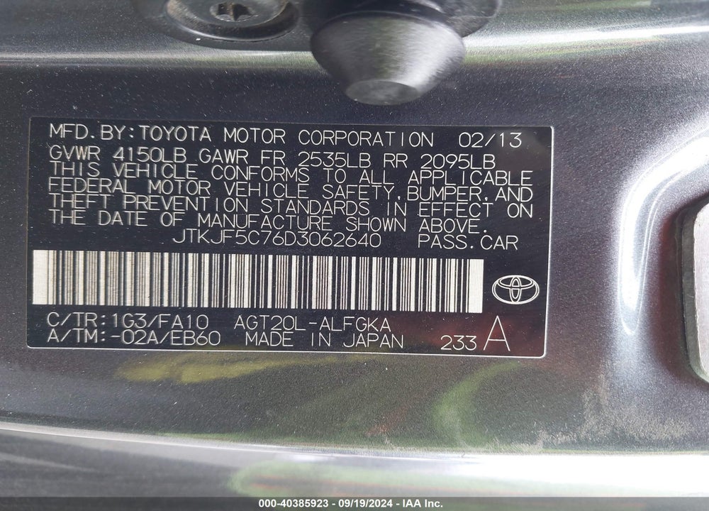 2013 SCION TC VIN: JTKJF5C76D3062640