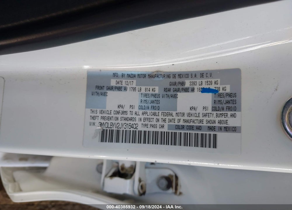 2018 TOYOTA YARIS IA VIN: 3MYDLBYV2JY316402