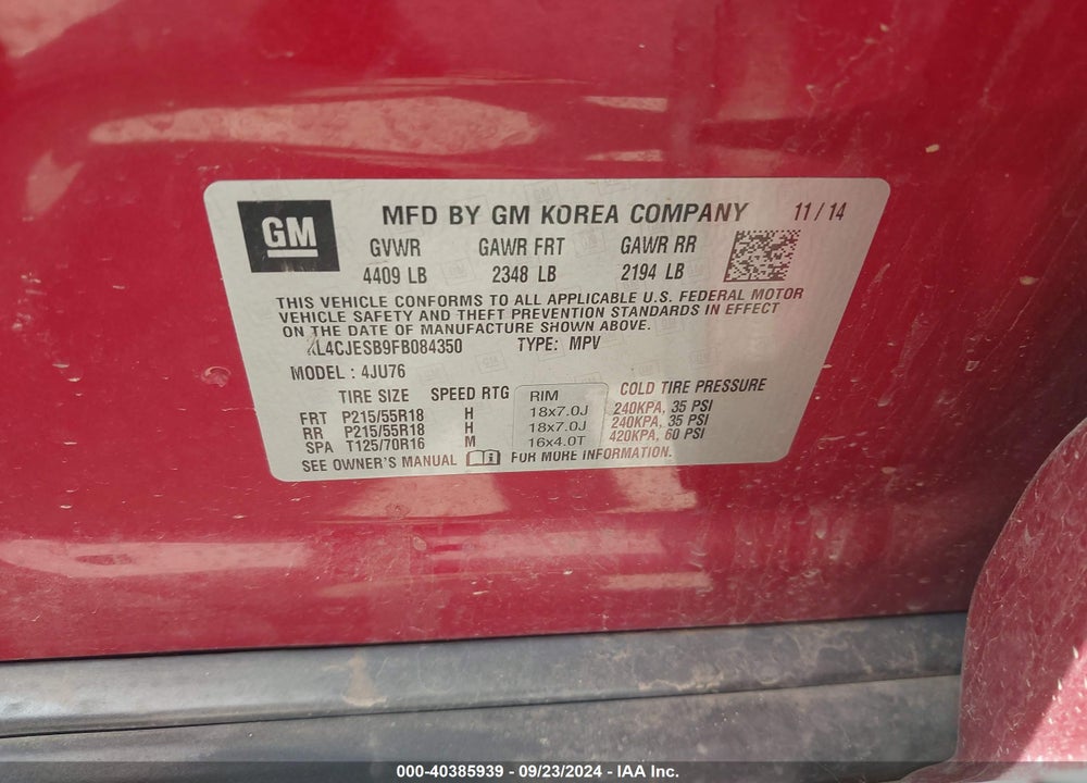 2015 BUICK ENCORE VIN: KL4CJESB9FB084350