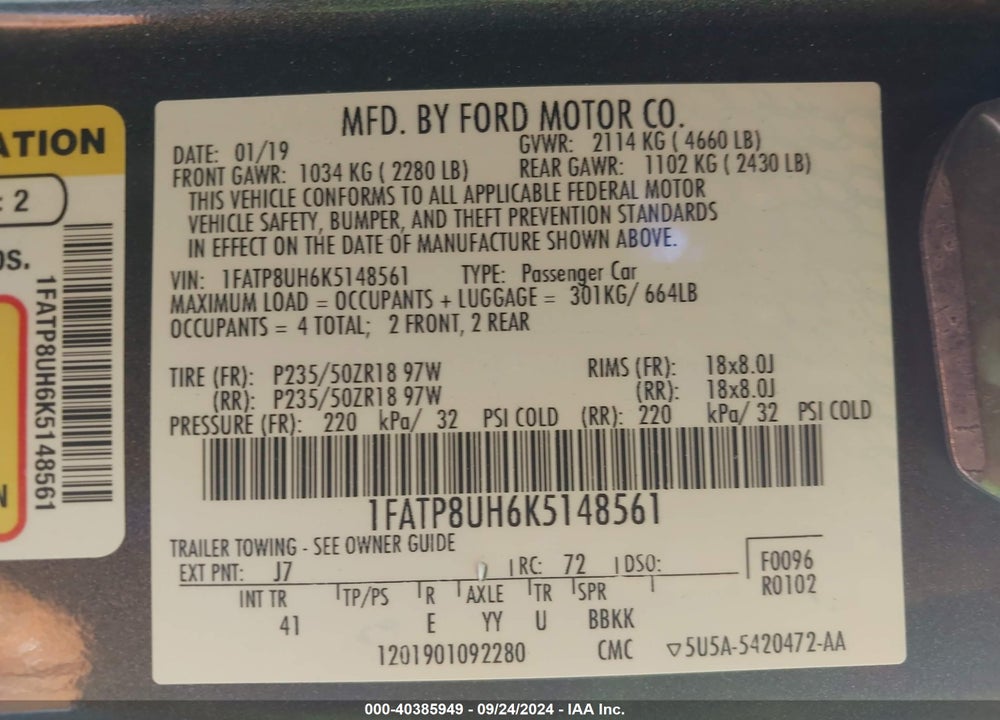 2019 FORD MUSTANG ECOBOOST PREMIUM VIN: 1FATP8UH6K5148561