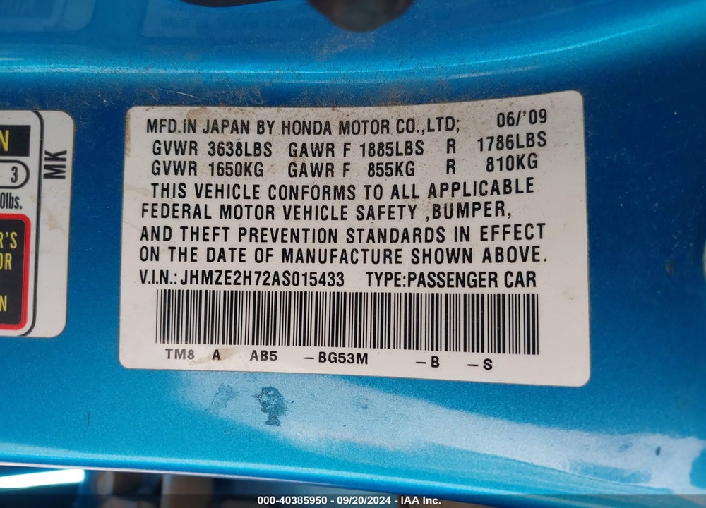 2010 HONDA INSIGHT EX VIN: JHMZE2H72AS015433